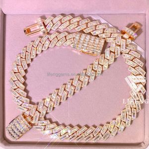 Mixed Inlay of Bugaette and Circular Moissanite Stones 20 Mm Yellow or Rose Gold Hip-hop Cuban Link Chain