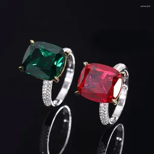 Cluster Rings S925 Full Body Silver Tiktok Women's Color Treasure Emerald Red Rectangular Jewelry Ring Main Stone 12 14 14