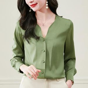 Women's Blouses 19 Momme Real Silk Shirt V-neck Elegant Shirts Fashion For Women Long Sleeve Office Lady Solid Blouse Woman Tops