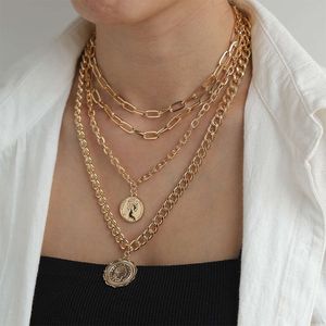 Korean Jewelry World Minimalist Circular Coin Pendant with Multiple Layers of Thick Chains Personalized Trend