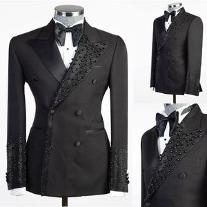 Handsome Herren -Smoking -Smoking mit doppeltem Breast Pearls Bräutigam -Prom -Party Hochzeits Geburtstag Blazer Plus Size Suits Mantel Mantel Mitte Made gemacht