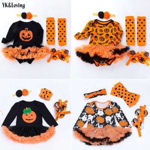 Bambina simpatica a maniche lunghe innamorate abbigliamento per bambini di halloween abito di zucca a quattro pezzi set