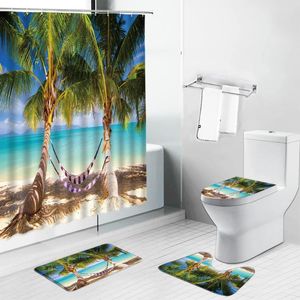 Shower Curtains Palm Tree Green Leaf Scenery Curtain Ocean Beach Starfish Landscape Flannel Non Slip Bath Mat Rug Lid Toilet Cover Carpet