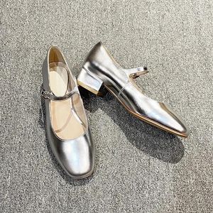 Kleiderschuhe 2024 Frühlings- und Herbst Vintage Small Silver Mary Jane für Frauen dicker Absatz Abend sanft niedrig