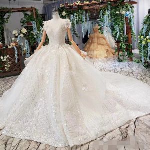 Luxury paljetter Bollklänning Bröllopsklänningar V Neck Chapel Train Organza Ruced veck handgjorda blommor skräddarsydd snörning bakåt brudklänning