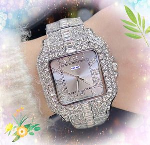 Mesa de marca Top Men Men Luxury Watch Bling Shiny Starry Diamonds Ring Clock Quartz Bateria Orologio di Lusso de boa qualidade quadrado tanque romano Dial Chain Gre presentes