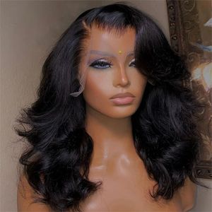 Body Wave Natural Black Bob Peruvian Human Hair Side Part Sets Front Middle Pre Plucked For Women 180 Density 240408