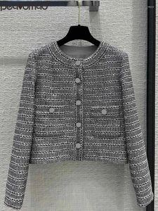 Women's Jackets Baeromad Fashion Runway Autumn Grey Color Weave Casual Jacket O-Neck Button Pocket Straight Barrel Long Sleeve