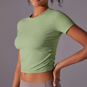 シームレスTシャツアラインluソリッド女性カラーショートスリーブスレッドクロップドトップジムトレーニングシャツヨガトラックスーツレモンジムランニングワーク