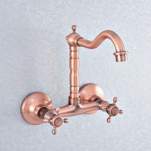 Waschbecken Wasserhähne Antiquitäten rotes Kupfer Messing Wandmontierungen Küchenarmatur Schwenkspitze Mixer Tap Dual Cross Griffe LSF868