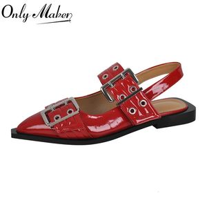 Pointed Women Onlymaker Black Toe Belt Buckle Slingback Flats Comfortable Punk Retro Mary Jane Female Shoes 240410 724 183