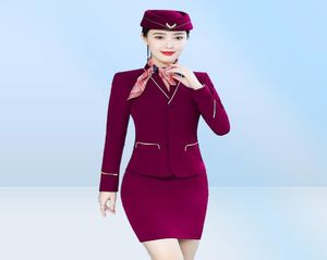 2ピースドレス春秋の紫色のブレザーセットスカートアイススーツの女性航空会社スチュワーデスユニフォームワーク服エレガント29462569