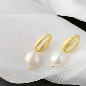 Dangle Küpeler El Yapımı Yaratıcı 18K Altın Kaplama Modaya Düzenli Doğal Barok Tatlısu İnci Retro Stil Conch Ağız 925 STERLING Gümüş