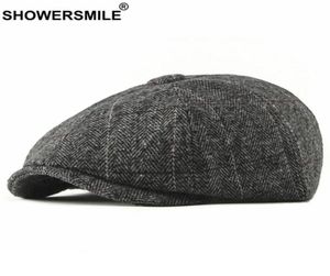 Sboy Hats Sboy Shower Tweed Cap Men Wool HerringBone Flat Winter Grey Randig Male British Style Gatsby Hat Justerable9049084