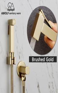 Hand Held Bidet Sprayer Brass Douche Kit Toilet Shattaf Sprayer Square Brushed Gold Copper Valve Set Shower Head Faucet AP2112 Y207366958