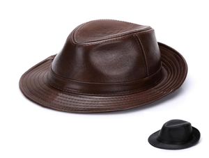 Fashion Men 100 Genuine Leather Fedora Trilby Hat Gentleman Jazz Cap Gangster Casual Hats8762224