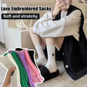 Women Socks Stockings Women's Spring And Autumn Solid Color Cotton Love Embroidered Pile Mid-tube Sports