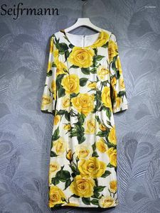 Sıradan elbiseler seifrmann yüksek kaliteli yaz kadın moda pisti tatil sarı çiçekler baskı o boyun zarif geniş parti midi elbise