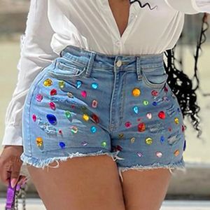 Arrival Exquisite Rhinestone Beaded Denim Shorts Women High Waist Slimming Lift Butt Jean Trousers Summer Bottom 240415