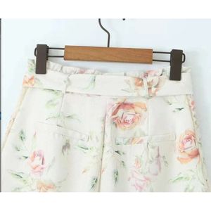 Women's Shorts YENKYE Lace Trim Floral Print Women with Belt High Waist Casual Summer Short Pants