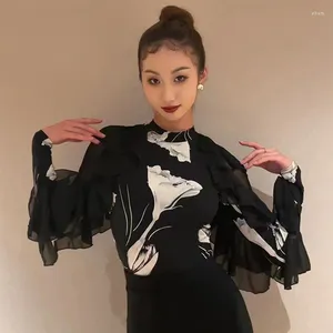 Stage Wear Ballroom Dance Clothing Women Adult Flower Black Long SLeeves Tops Waltz Performance Costume Latin Practice DNV19228