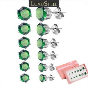 Studörhängen Luxusteel 6 Par 3-8mm Green Zircon Crystal Earring Set för kvinnor Män Round Flower Colorful Rhinestone Piercing