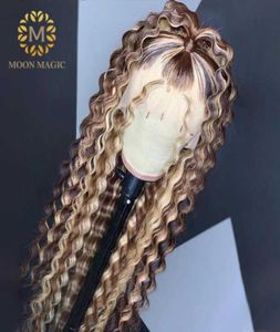 Spitzenperücken Deep Wave Frontal Perücken farbig Highlight menschliches Haar natürliche Frau für schwarze Honigblonde transparent86257633535302