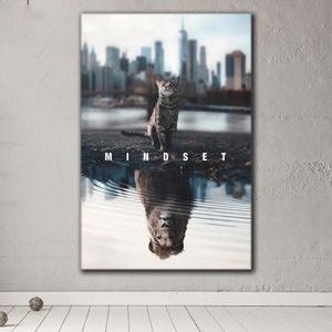 Motivational Quote Poster Inspirational Wall Art Mindset Is Everything Cat Changed Into A Lion Canvas Painting Wall Picture for Office Home Decor