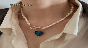 Yikuf88 S925 Srebrne kobiety Vintage Natural Pearl Blue Love Geometryczne barokowe naszyjnik 6813117