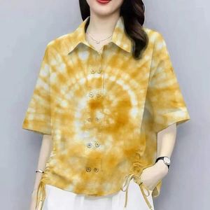 Damskie bluzki kobiety letnia swobodna koszula stylowy nadruk bar barwiony z projektem sznurka Lapel Short Sleeve podwójny dla