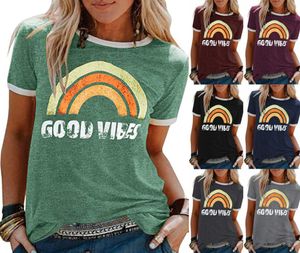 Womens Designer Good Vibes Rainbow Print Tshirt Summer Short Sleeved Crew Neck Leopard Tshirt Blus Shirts Women Topps Tees S2X4901386