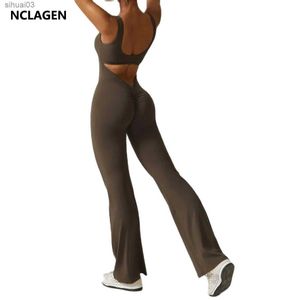 Frauen Tracksuits Nclagen Damen Rückenless Training Jumpsuit Scrunch Butt Yoga Flared Hosen Set einteiliger Fitnessstudio-Anzug Outdoor Pilates Sport Romperl2403