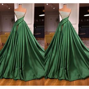 Elegant Dark Green A Line Evening Dresses Floor Length Satin Sequined High Front Split Evening Formal Party Second Reception Birthday Pageant Dress Prom Gowns