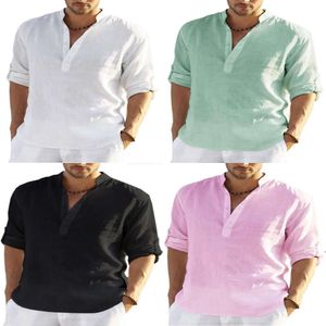 Casual Mens Long Sleeve Breathable Shirt Solid Color Basic Cotton Linen Tops Plus Size Shirts for Men s