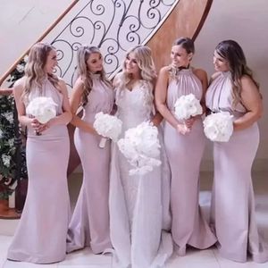 Sexy Pink Bridesmaid Dresses Halter Beads Sleeveless Mermaid Long Sweep Train Custom Wedding Guest Maid Of Honor Gowns Plus Size