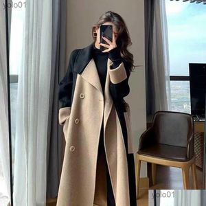 Womens Wool Blends Women Overcoat Color Matching Double-Breasted Winter Coat Mid Length Double-Sided Turn-Down Collar Lady For Drop De Ottf2