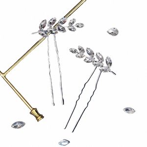 ラインステスウェディングヘアのアコリー2pcs/set sier color Leaf Crystal Bridal Hair Pins for Women Bride Headdr Jewelry 53in＃