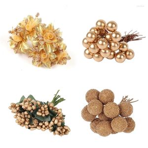 Flores decorativas Imitação de ouro Decoração de casamento Diy Material floral Plástico Estame com galhos e acessórios de buquê