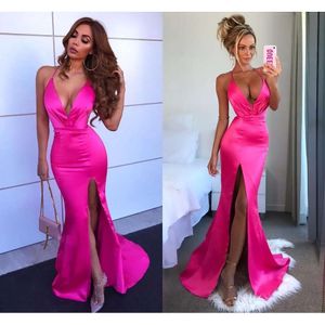 New Fuchsia Sexy Deep V Neck Long Prom Dresses Straps Spaghetti Backless Mermaid High Split Evening Party Cheap Gowns