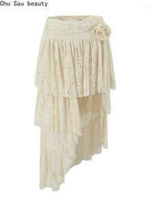 Skirts Chu Sau Beauty 2024 Women Fashion Boho Style Sexy Translucent Lace Chic Irregular Midi Vintage Waist Cute Cake Skirt