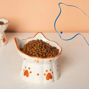 Cat Ceramic Food Bowl Elevated Pet Drinking Eating Feeders Small Puppy Dogs Snack Water Bowls Set Cats Feeding Accessories 240407
