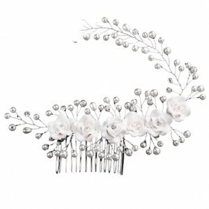 Sier Bridal Wedding Hair Comb med Rhineste Bridal Side Comb Pearls Crystal Hair Piece Hair Accores for Women and Girls X1SZ#