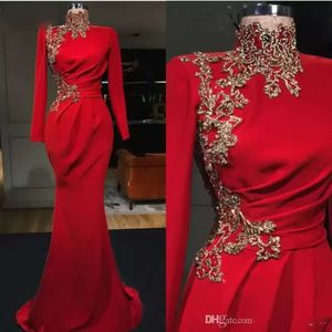 Dubai Muslim Luxury Mermaid Evening Dresses Long Lace Appliques Full Sleeves Beading Crystal Floor Length Formal Prom Dress Formal Party Gowns