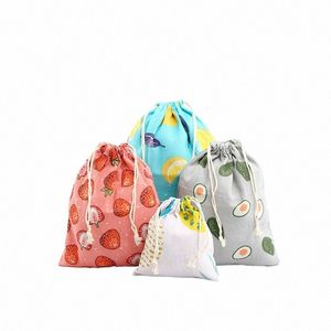 Cott Linen Tyg Pouch DrawString Bag Söta frukttryck Kids Travel Tygskor förvaringsväska Makeup Fodral Julgåva Bag 32ud#