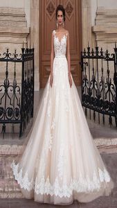 Sheer Scoop Neckline Champagne Color Ball Gowns Wedding Dress Applique Lace Illusion Back Bridal Dress vestido para casamento8127978