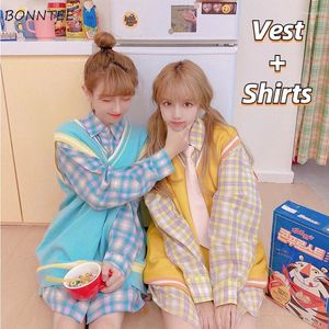 Arbetsklänningar sätter kvinnor koreanska stil vänner preppy flickor stickad v-hals väst vintage rutig lång ärm tröjor streetwear ung bf vår