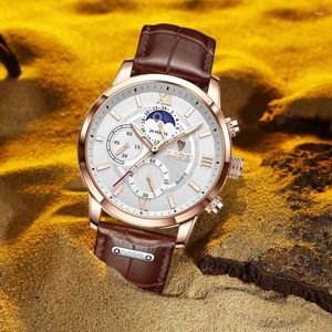 Zegarki na rękę Lige brązowe zegarki skórzane męskie Top 24hour Moon Faza Mężczyźni Watch Sport Chronograph Waterproof Date Clock