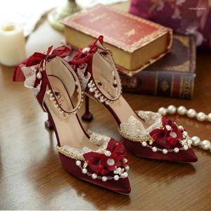 Dress Shoes Tea Party Kawaii Sweet Girls Lolita Red Flowers Pointed Toe Stiletto Heels Wedding Brides High-heel 8cm Anime