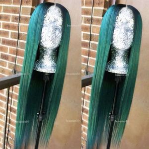 Long Dark Roots Green Mixed Color Ombre Two Tone Lace Front Synthetic Wigs Straight Heat Resistant Pre Plucked Wig With Baby Hair