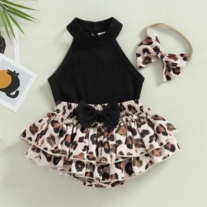 Set di abbigliamento nacque nato girl estate 3 pezzi senza manica a costine con top con stampa leopardata bloomer tutu pantaloncini